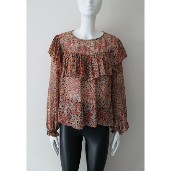LoveShackFancy Ruffled Floral Sheer Blouse Size XS Red Black - Picture 1 of 8